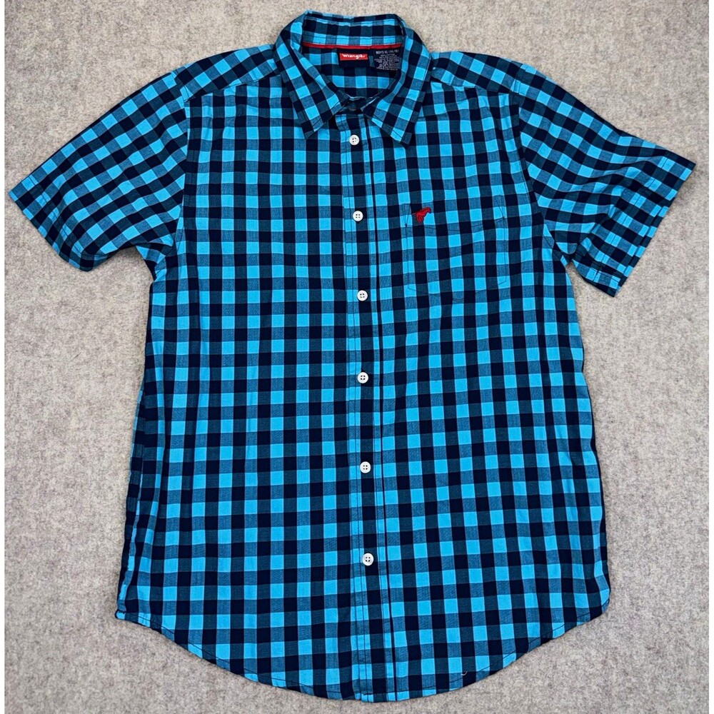 Wrangler Boys XL (14/16) Short Sleeve Button Up Blue/Black Check Collared